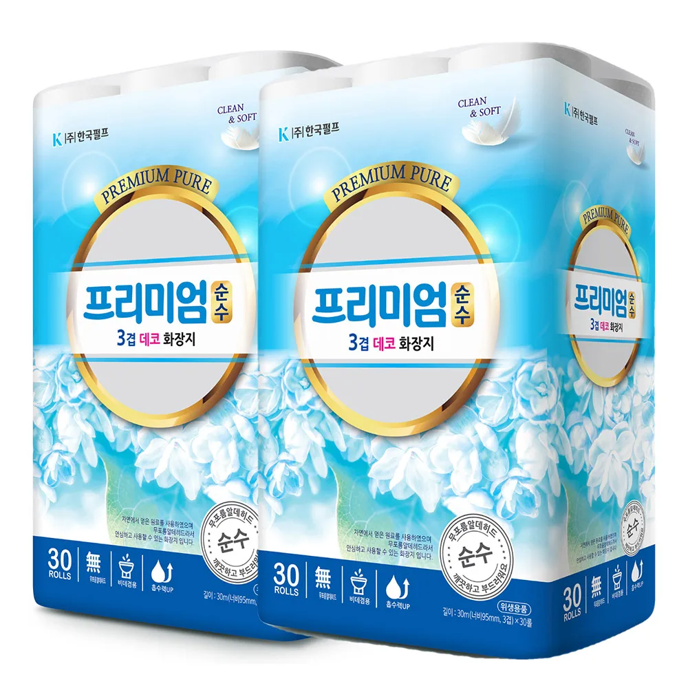 (1 + 1) Korean Pulp Premium Pure 3 Ply Deco 30M 30 Roll + 30 Roll. Toilet paper scrolls