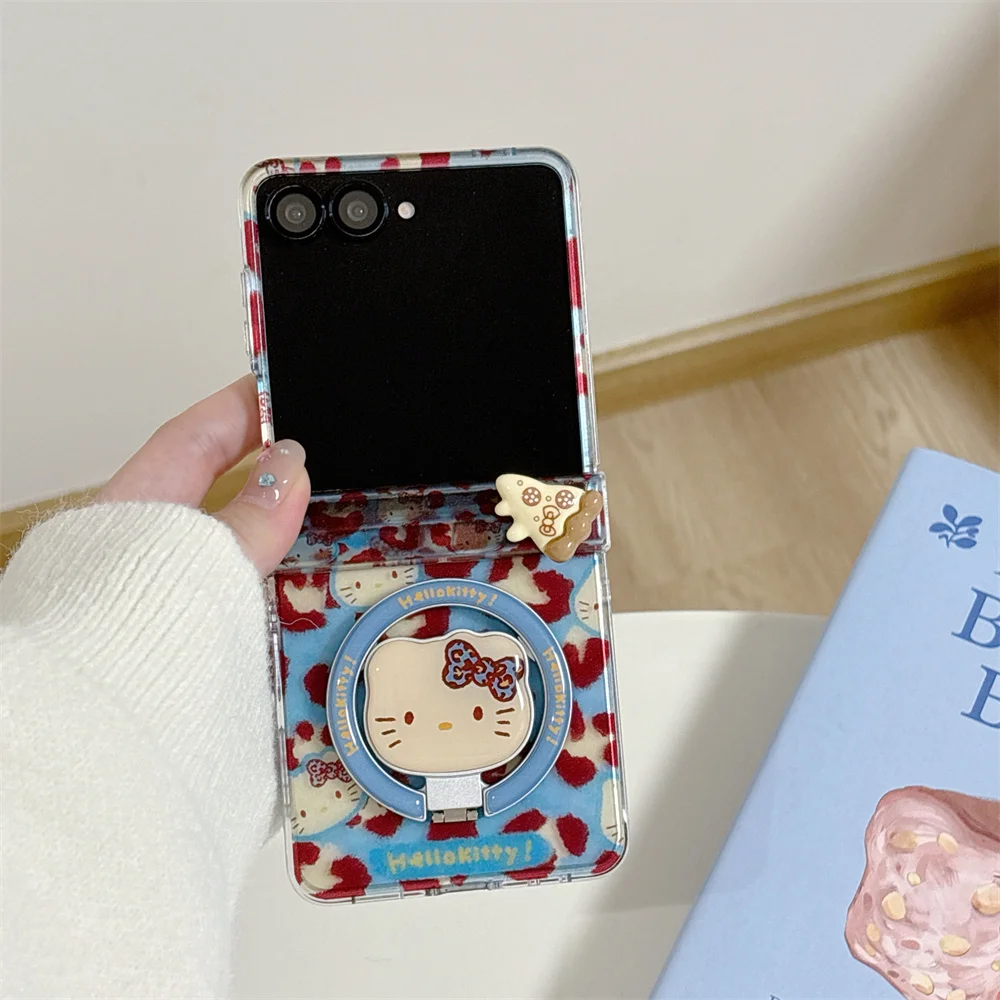 

New cute three piece set of FRO magnetic bracket hanging rope blue leopard print Hello Kitty suitable for Samsung Z FLIP/5/6/7