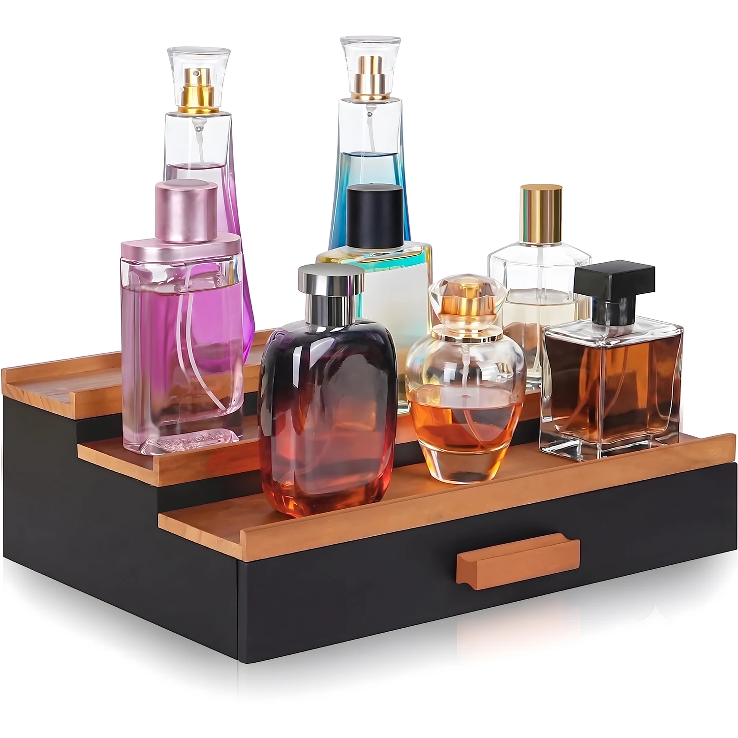 3-stöckiger Parfüm-Ständer aus Holz – 32×22×10,5 cm, mit ausziehbarer Schublade, dekoratives Präsentationsregal für Parfüm, Kosmetik & Accessoires – ideal für Kommode, Schminktisch & Theke