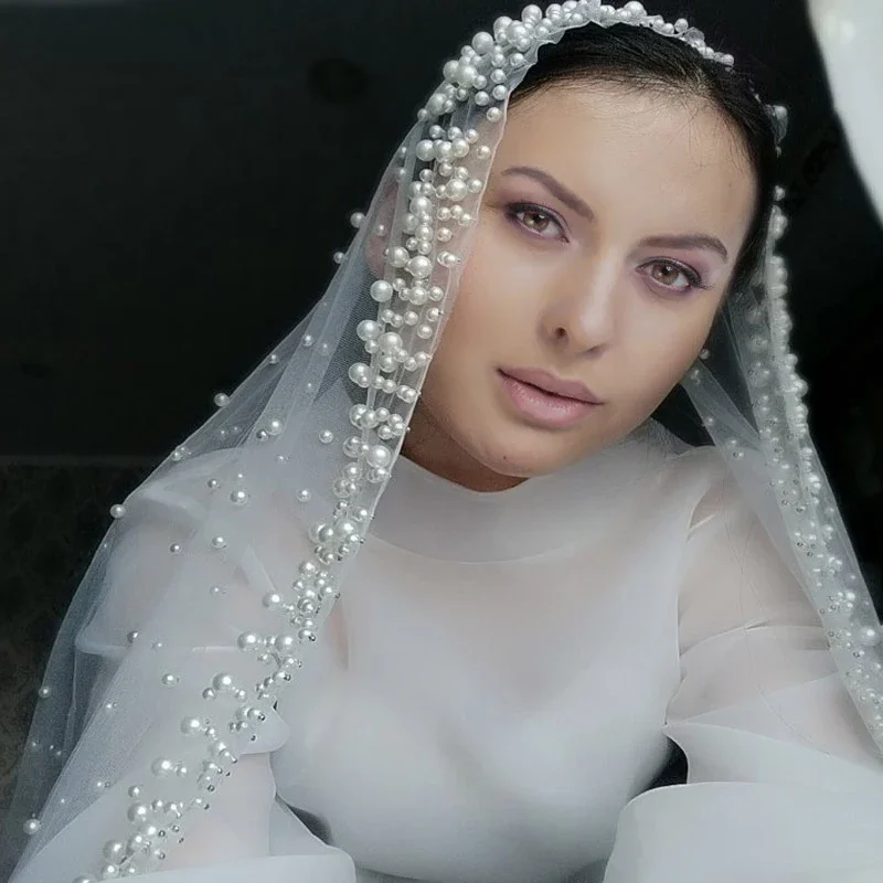 Bride Pearl Veil Woman Ivory White 2025 New Wedding Accessories 1.5m Wide One Floor Cathedral Velos De Noiva Custom Made Veil
