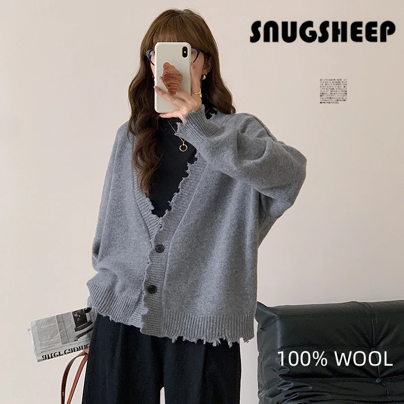 fashion ripped jacket women sweater autumn 2023 cardigan gray top knit clothes black woman coat luxury vintage clothing chunky