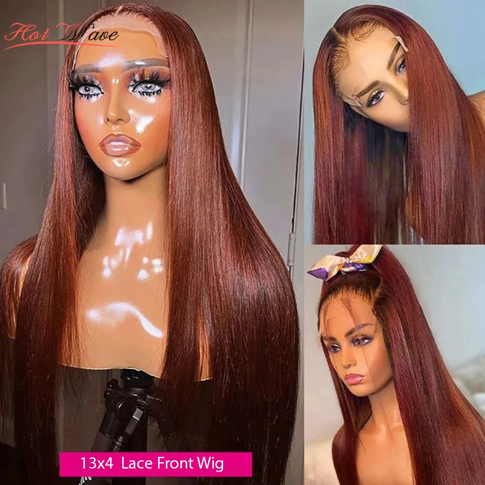 

HOT WAVE Reddish Brown Lace Wig 13x4 Human Hair Pre Plucked Straight Lace Front Human Hair Wig Closure Frontal Wigs For Women