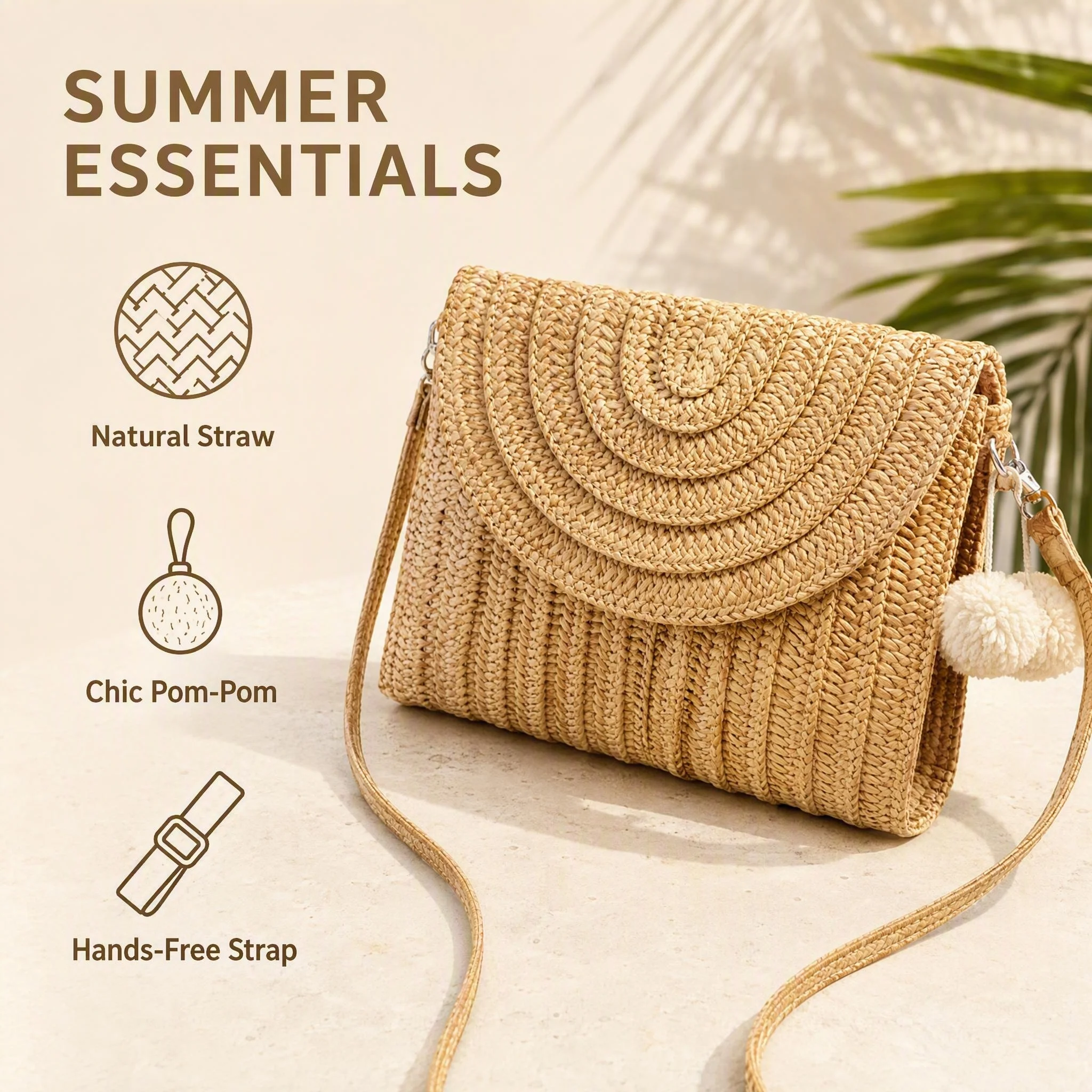 Summer Ladies Clutchbags Straw Woven Wallet Casual Portable Handmade Simple Elegant With Hairball Hanging, Eye-Catching Beach Bag Summer, Summer Straw Beach Bag For Women, Hottest Beach Bags For Women, Fashion Summer Vacation Bag, Beach Essentials Women B