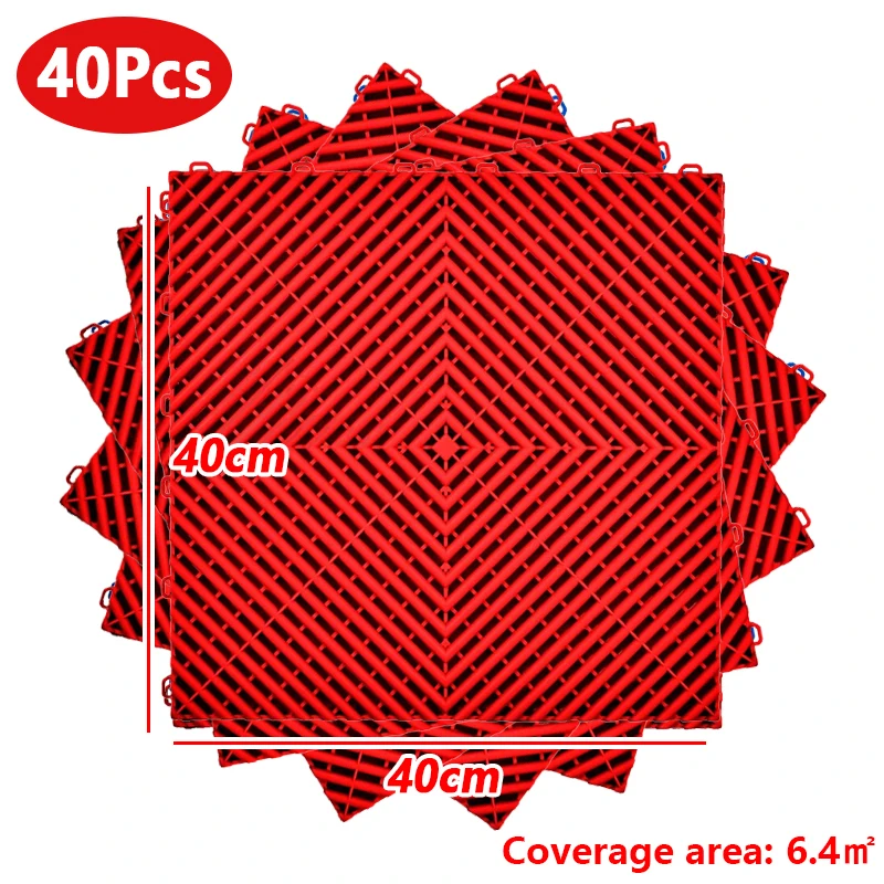 Zwarte Rode 40-delige garagevloerset 40*40*1,8cm in elkaar grijpende garagevloerplaten autowasruimte polypropyleen verbindingsrooster tegel