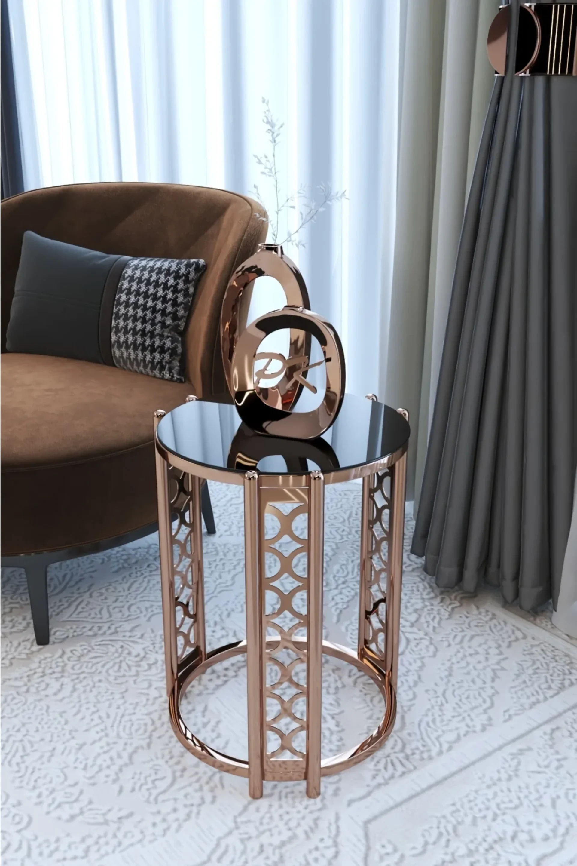 Modern Living Room Single Fiver Side Table, Rose Metal Foot Black Unbreakable Glass Scandinavian Salon Service Coffee Table Decorative Coffee Table