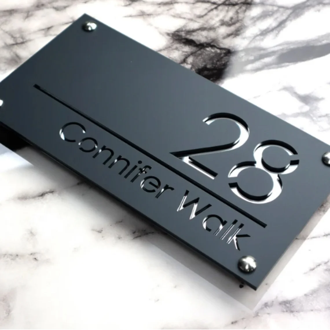 House Wall Plaques Precision Laser Cut Acrylic House Number Sign  Matt Gray Anthracite And Silver Mirror 280mm x 140mm