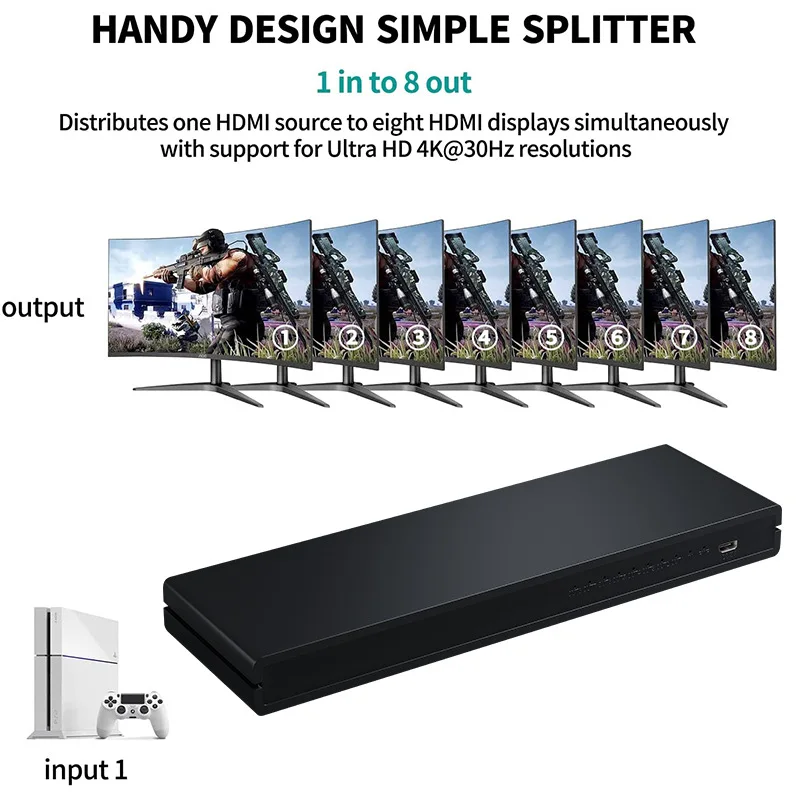 4K 30Hz 1x8 HDMI Splitter 1 in8 out Audio Switcher HDMI Video Distributor Display Duplicate for DVD PS3 Xbox HDTV Market Display