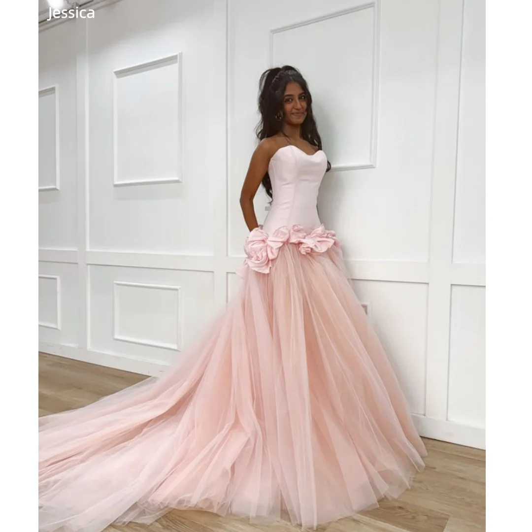 

Jessica Sweetheart Pink Evening Dresses Handcrafted Waist Bow Prom Dresses Sexy Sheer Off-Shoulder Princess Party Dresses