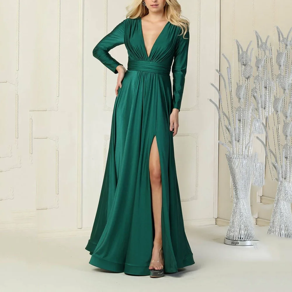 Simple V-Neck Prom Dresses With Split A-Line Formal Occasion Evening Dresses Custom Made Regular Long Sleeve Wedding Party Gowns