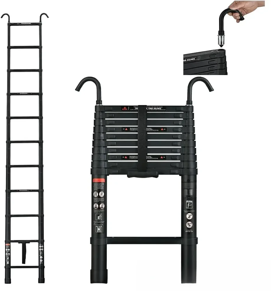 Telescopische ladder 3,2 m aluminium telescopische ladder met antislipvoeten, multifunctionele rechte ladder met 2 haken, 150 kg - afbeelding 2
