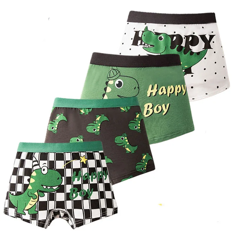 

4Pcs Green Dinosaur Boys Boxer Briefs Cotton Big Boys Underwear Breathable Soft Durable Performance Sport Boxers Briefs