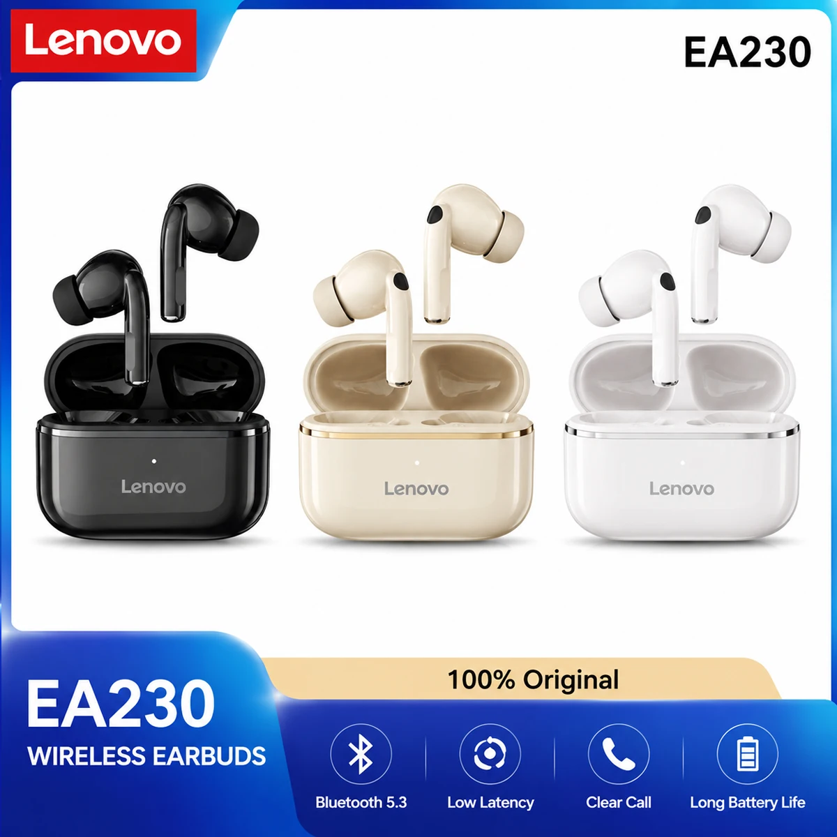 Lenovo EA230 Wireless Earbuds Bluetooth5.4 TWS Earphones Stereo Sound Low Latency Clear Call Long Battery Life Touch Control TWS