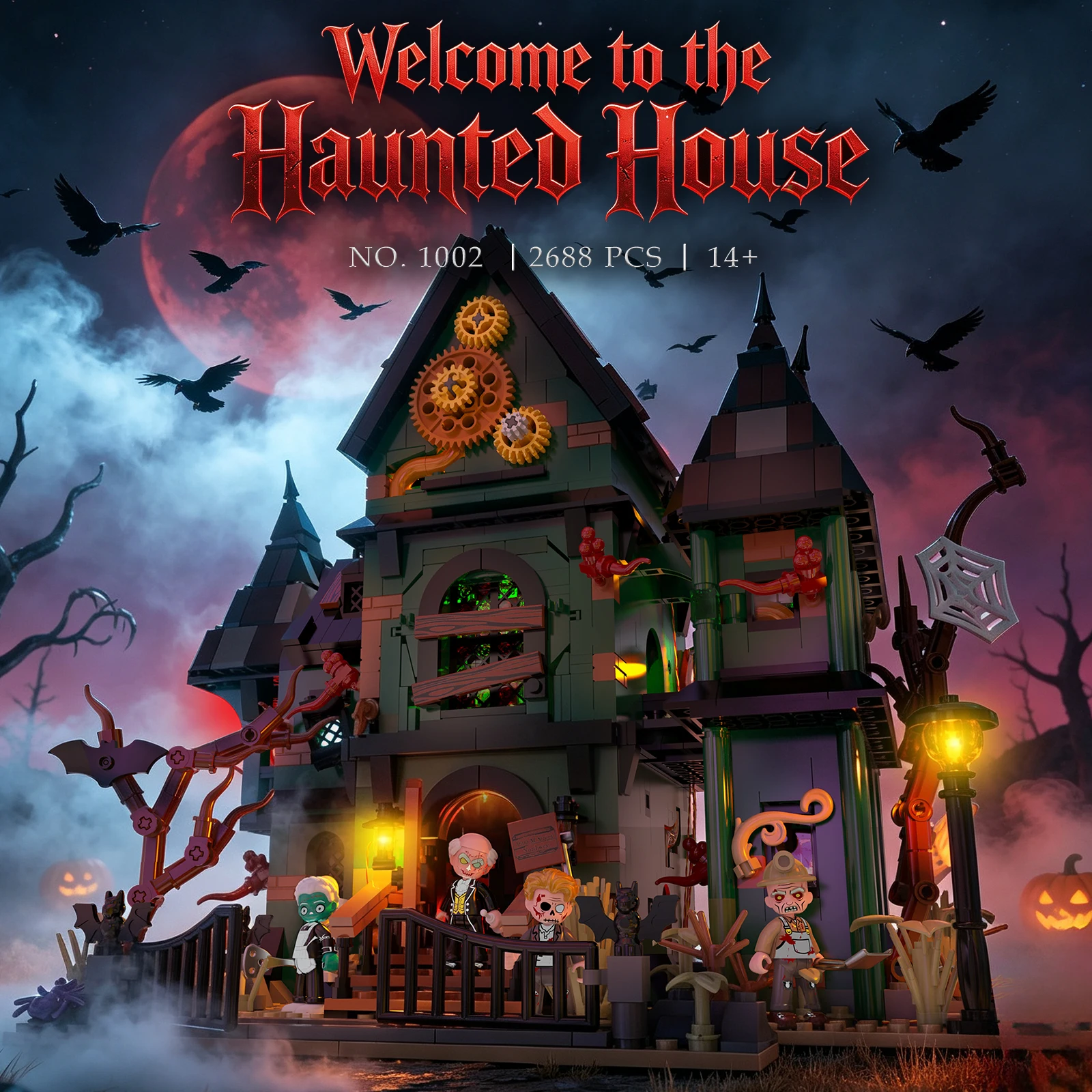 2688 pcs Haunted House Building Blocks Street View Retro Mechanical Horror Architecture Bricks Toys for Adults Halloween Gifts