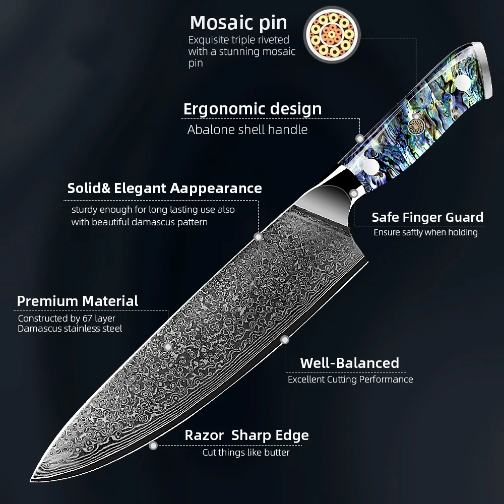 Damascus Knife Chef Knife Japanes VG10 67 Layer Steel Cleaver Paring Bread Knife Lasting Sharp Abalone Shell Handle Kitchen Gift