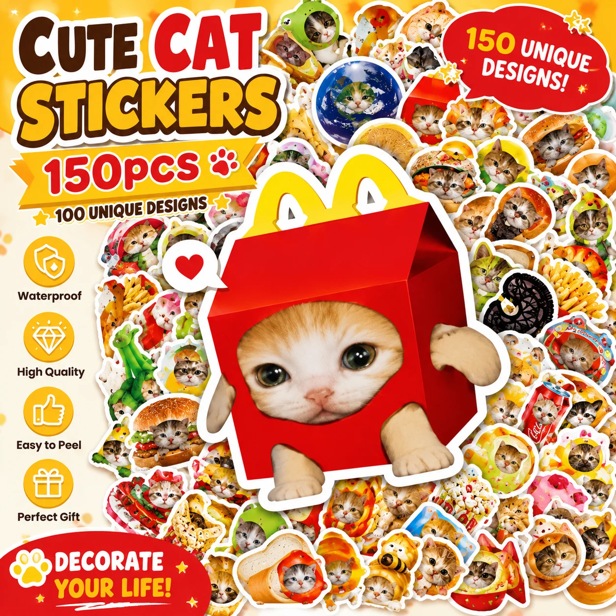 

150 Pcs Funny Food Cat Meme Stickers Waterproof Stickers For Laptop Phone Desktop Water Bottle Luggage Scrapbook Diy Decoration