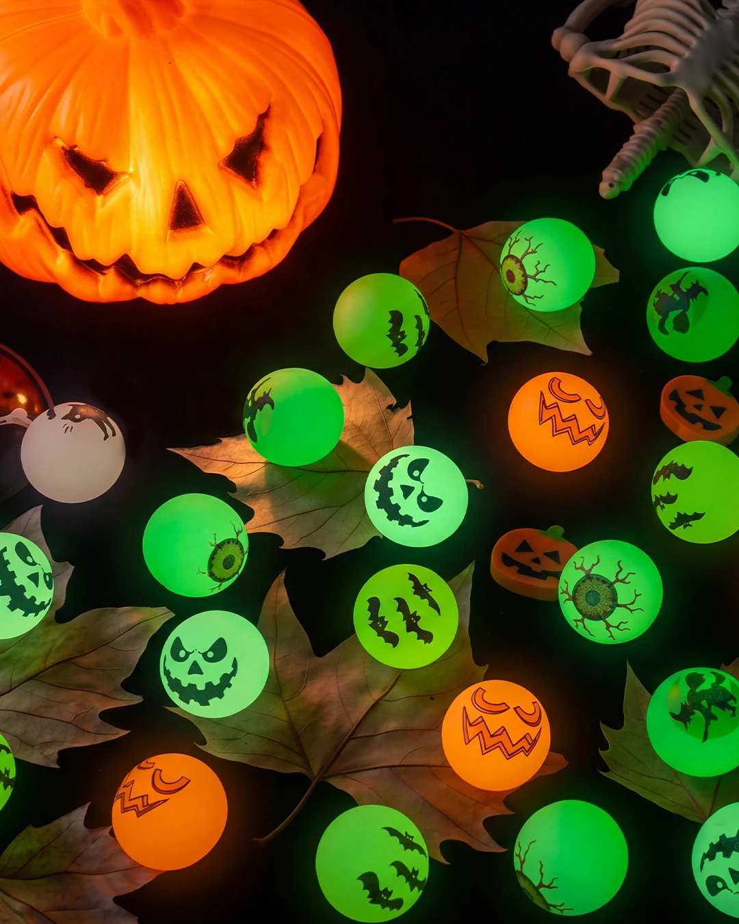 Tolife 72 PCS Halloween Glow‑in‑The‑Dark Bouncy Balls, 6 Assorted Spooky Designs, Rubber Bounce Ball Set, Halloween Party Favors, Trick‑or‑Treat Goodie Bag Fillers for Kids