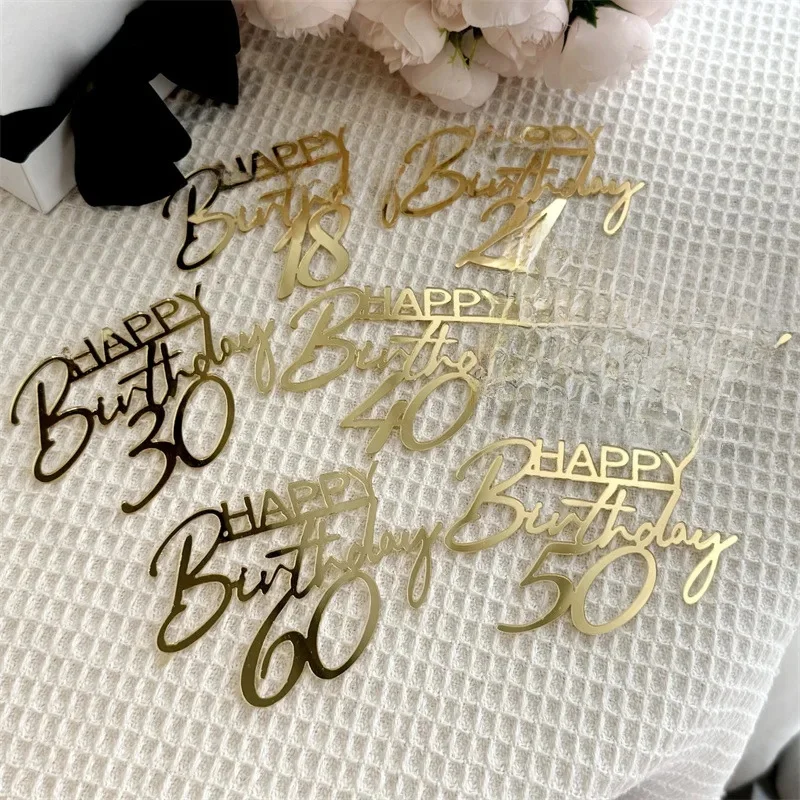 Nouvelles décorations de gâteau d'anniversaire en acrylique doré pour 18, 30, 40 et 50 ans, fournitures de pâtisserie