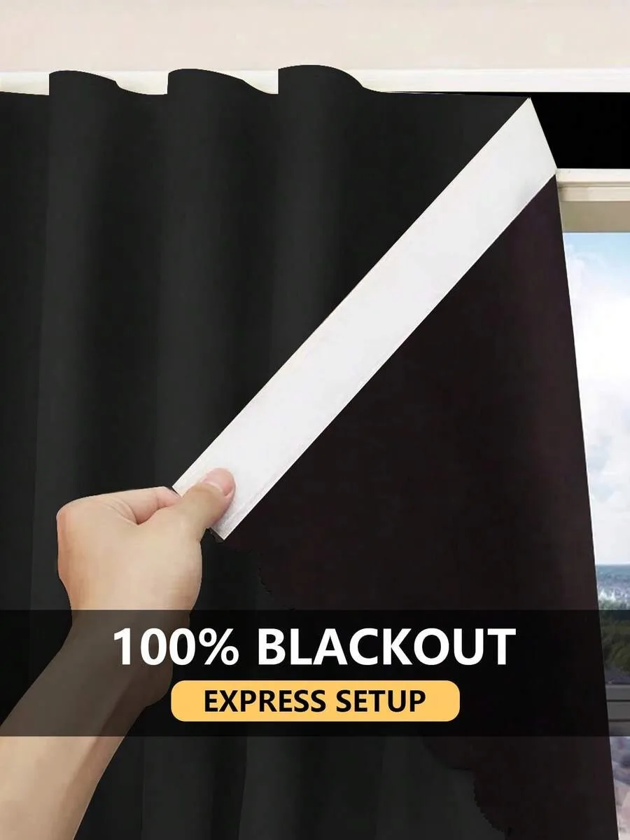 1pc Blackout Curtain, Solid Color With Black Backing, Blocks Sunlight, Darkens Room, Protects Privacy, No-Drill Adhesive Window