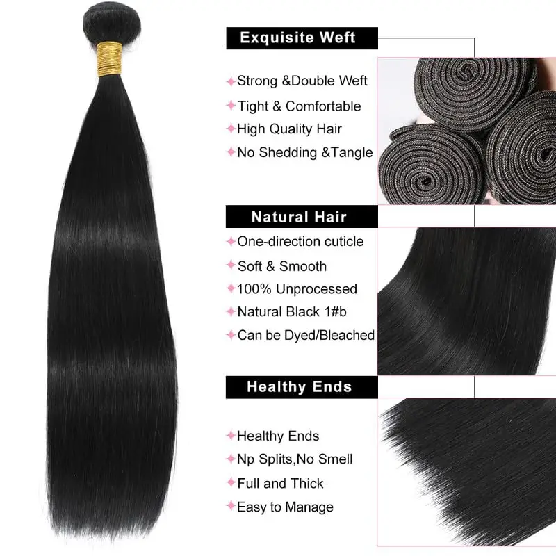 ストレート人毛 1 3 束 # 1Bカラー未加工ブラジル産バージン人毛ナチュラルブラックダブルウェフトヘアエクステンション