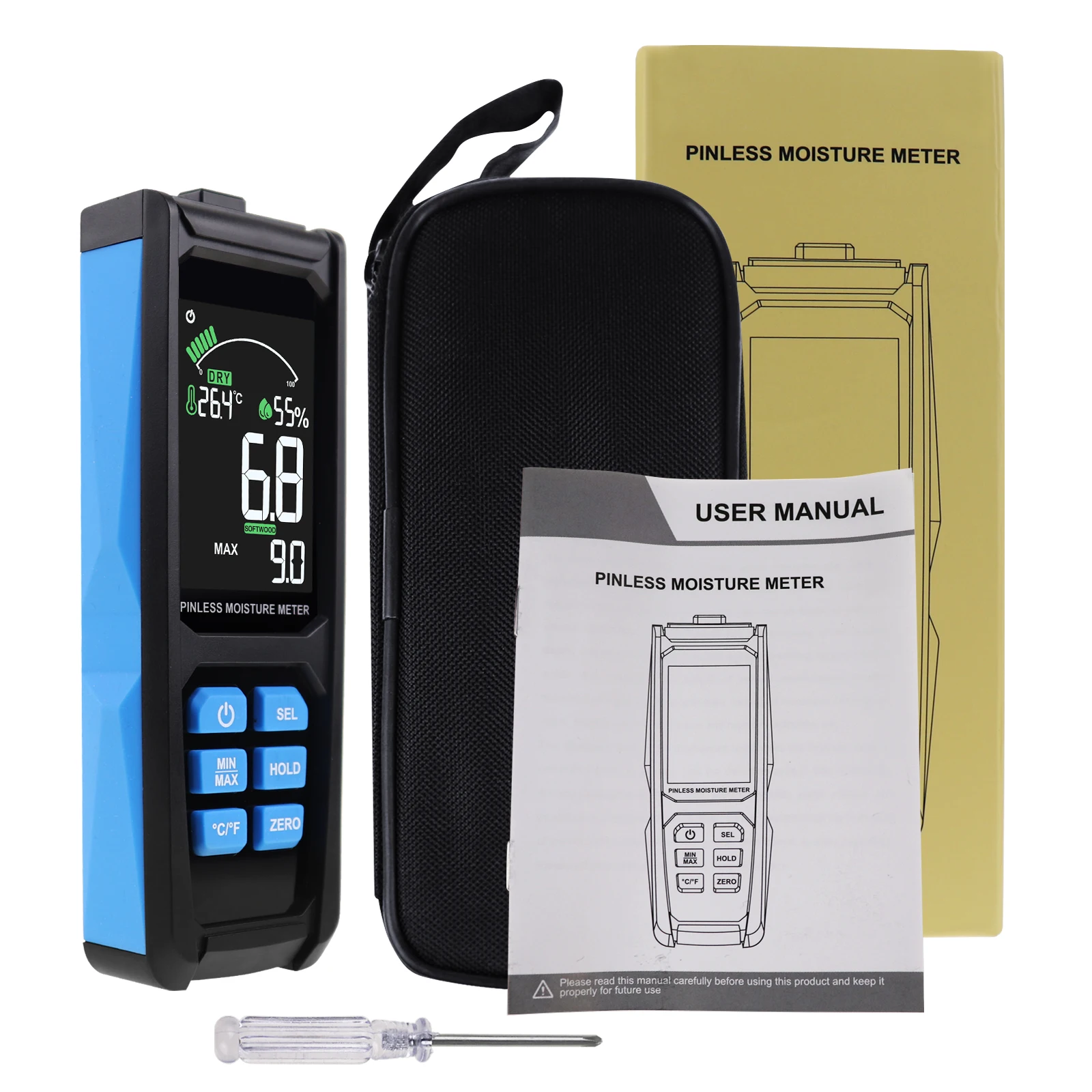 Digital Non-destructive Wood Moisture Meter For Drywall, Masonry, Softwood, Hardwood, VA Reverse Color Screen Display