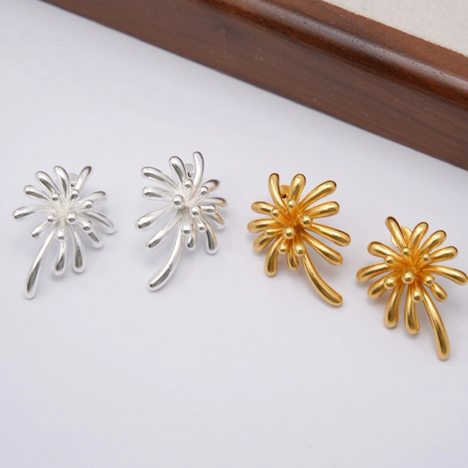 YAJUNIEL 24K Gold Plated Coral & Firework Stud Earrings for Women Hypoallergenic Textured Floral Statement Earrings Jewelry Gift