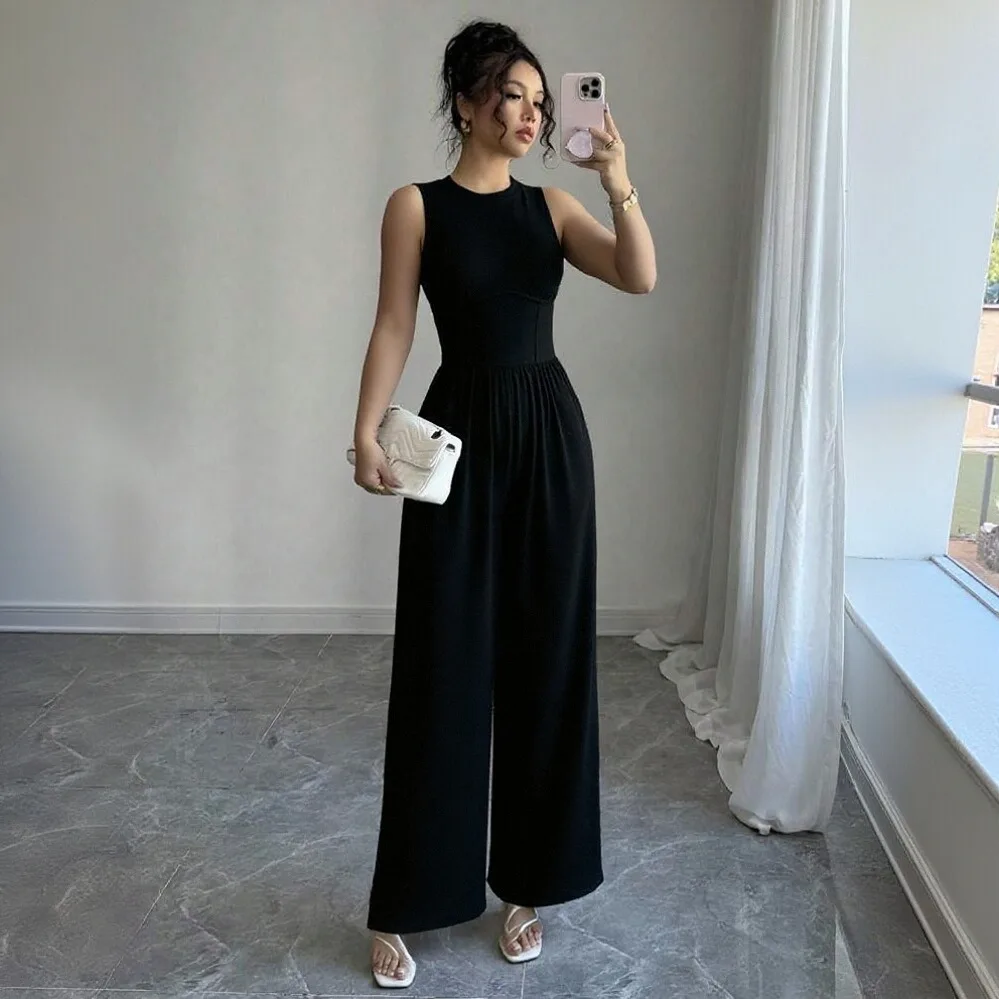 

Fashion Solid Jumpsuit For Women Casual Sleeveless V Neck Lace-Up Wide Leg Pants Jumpsuits Lady Autumn Holiday Womens Clothing