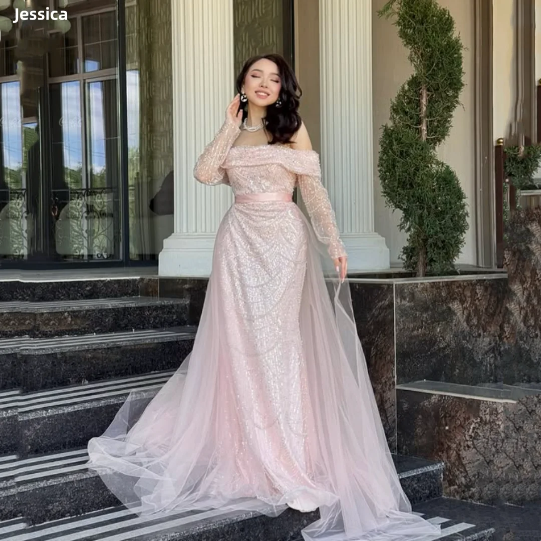 

Jessica Tulle Beaded Long Sleeves Evening Dresses Pink Luxury Prom Dresses Mermaid Wedding Party Dresses Customized