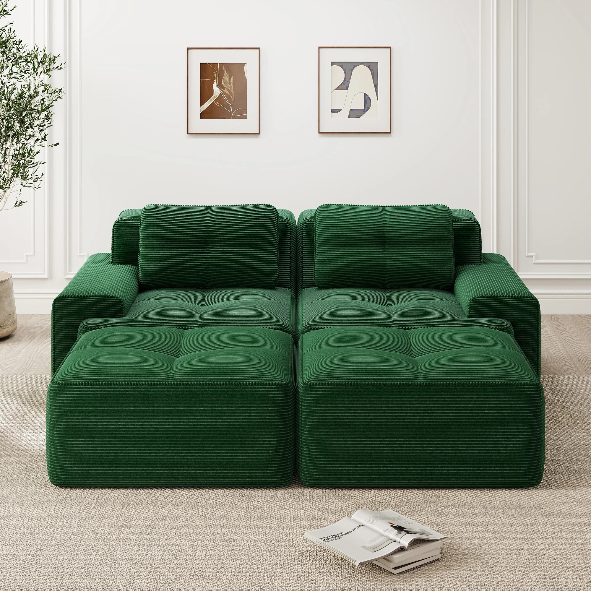 Sofá modular de 2 plazas, ancho de asiento 74 cm, módulos convertibles, estructura a ras de suelo, para salón, terciopelo verde acanalado