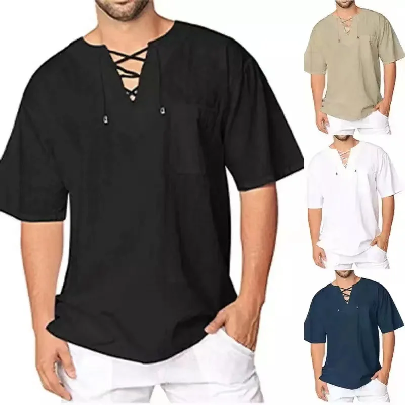 2022 summer Linen short Sleeve T-shirts With Short Sleeves V-neck Lace Oversize Men's Woman Women Man Male Tops Tees Clothing