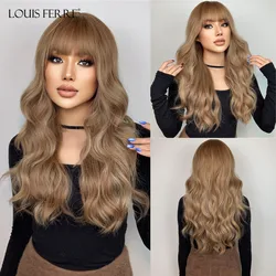 LOUIS FERRE Light Brown Body Wave Synthetic Wigs with Bangs Long Brown Natural Wavy Wig for Women Daily Party Use High Quality