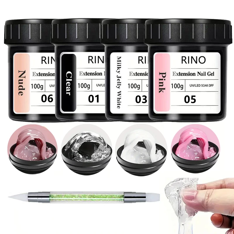 Gel de Extensión de Uñas Sólido Antiadherente RINO de 100g - Transparente, Rosa Nude, Pegamento para Escultura 3D y Diamantes de Imitación, Fácil de Remover para Salón o Uso Doméstico