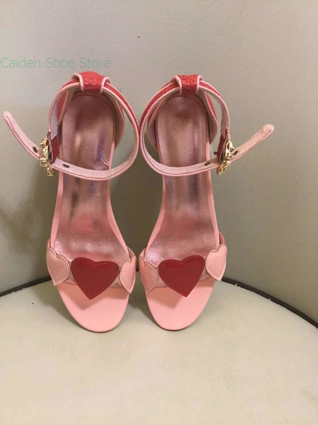 Dress Luxury Pink Chunky High Heel Sandals Women Summer Peach Heart Round Toe Sandals Ladies Party Wedding Rhinestone Shoes