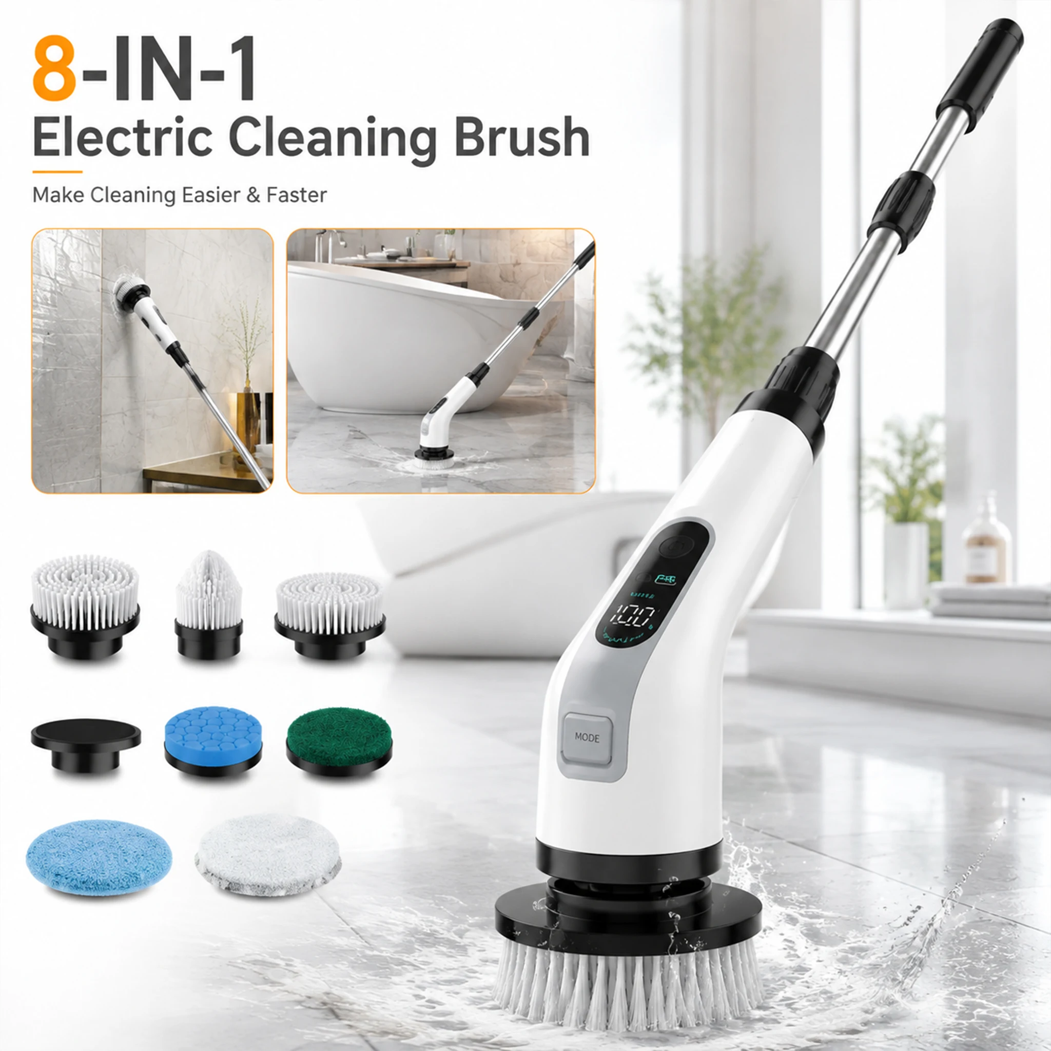 Brosse rotative de nettoyage électrique 8 en 1 sans fil avec manche télescopique réglable, 8 embouts interchangeables, écran LED 3 vitesses IPX7 pour salle de bain cuisine carrelage sol voiture