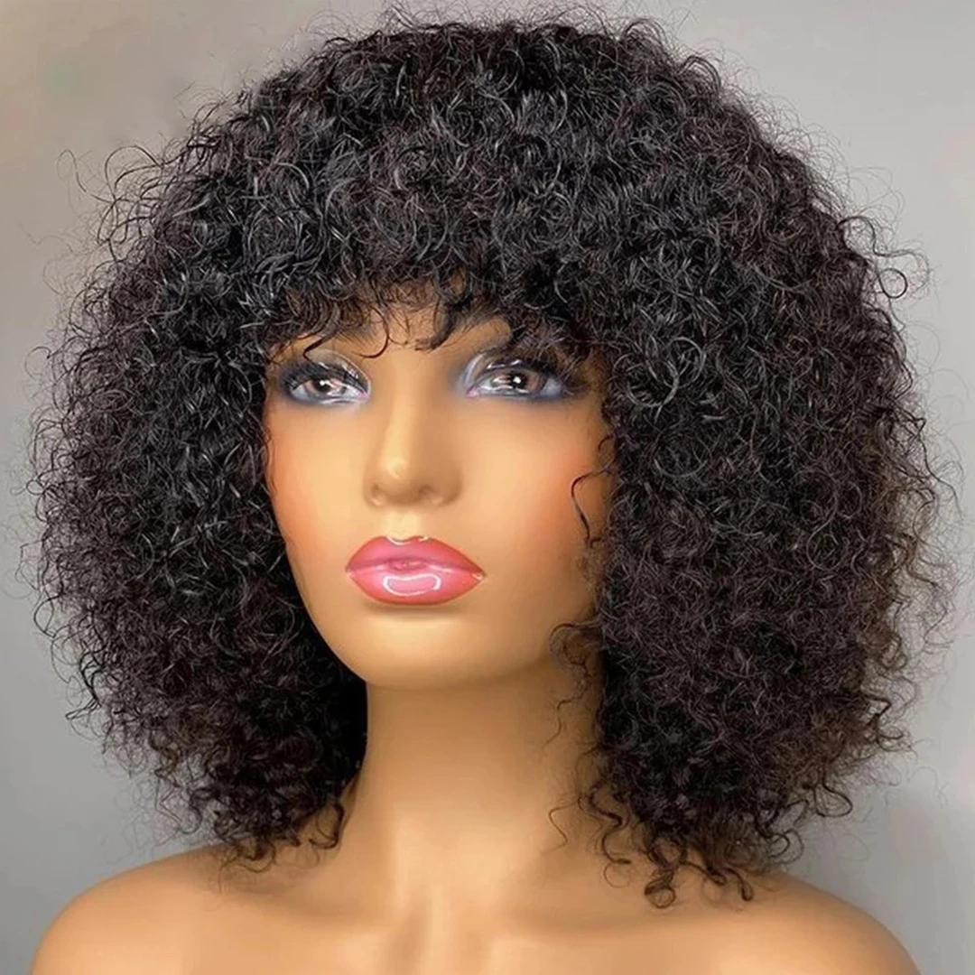 Peruca curta de Bob com Franja para Mulheres Negras, Cabelo Humano Virgem, Onda de Água, Pré-Arrancado, Cabelo do Bebê, Jerry Curl, Perucas Completas