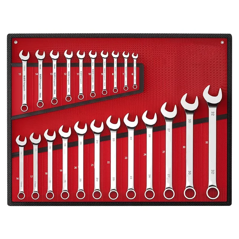 Wrench Set with Roll-Up Pouch, 6-24mm, CRV Steel, 15° Angled Open & 12-Point Box End, Mirror Chrome Finish for Home & Workshop