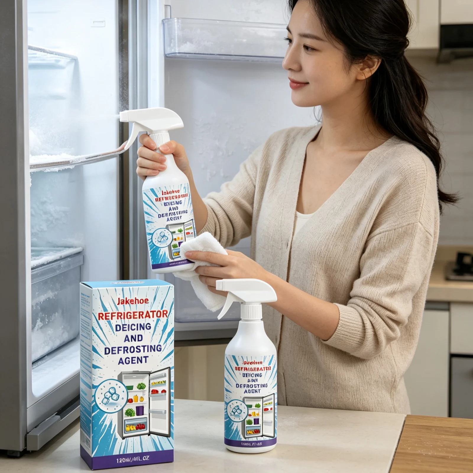Jakehoe Refrigerator Defrost Spray Fast Ice Melting Reduce Odors Protect Fridge Liner Labor Saving Fridge Defrosting Spray 120ml