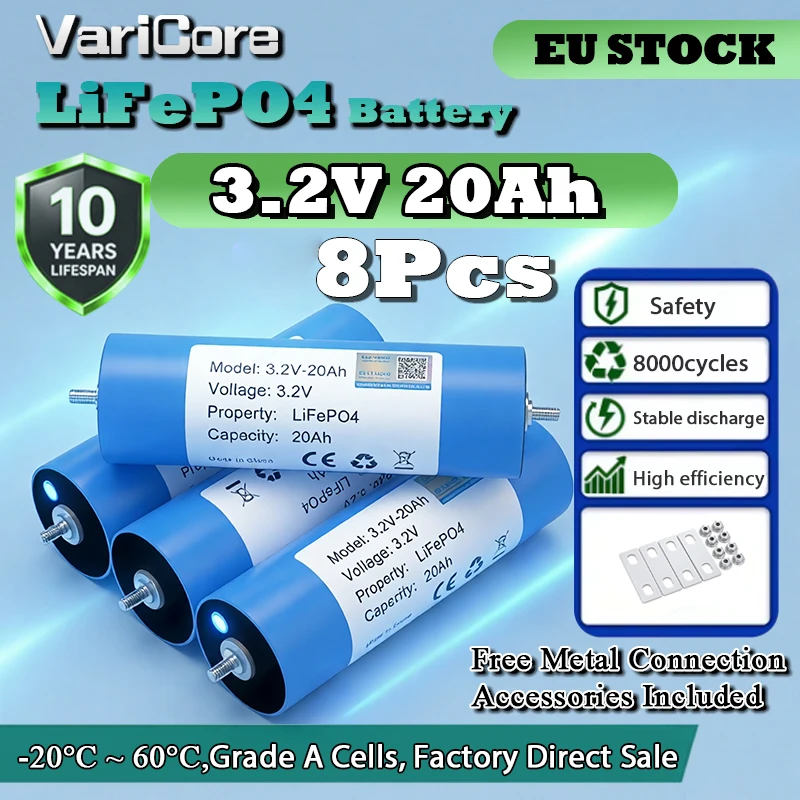 16-teiliges/8-teiliges VariCore 3,2V C40 20Ah 20000mAh LiFePO4-Akkupack, Lithium-Eisenphosphat-Batterie mit integriertem BMS und Befestigungsschrauben für Solaranlagen, Wohnmobile, Boote, Camping und