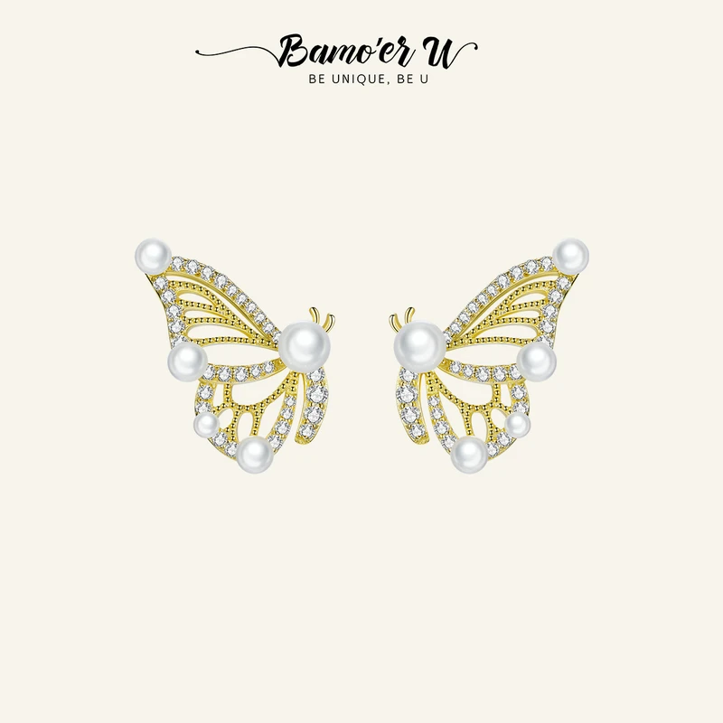 Bamoer U 100% 925 Sterling Silver Fashion Butterfly Stud Earrings for Female Matching Bridal Wedding Gifts Fine Jewelry