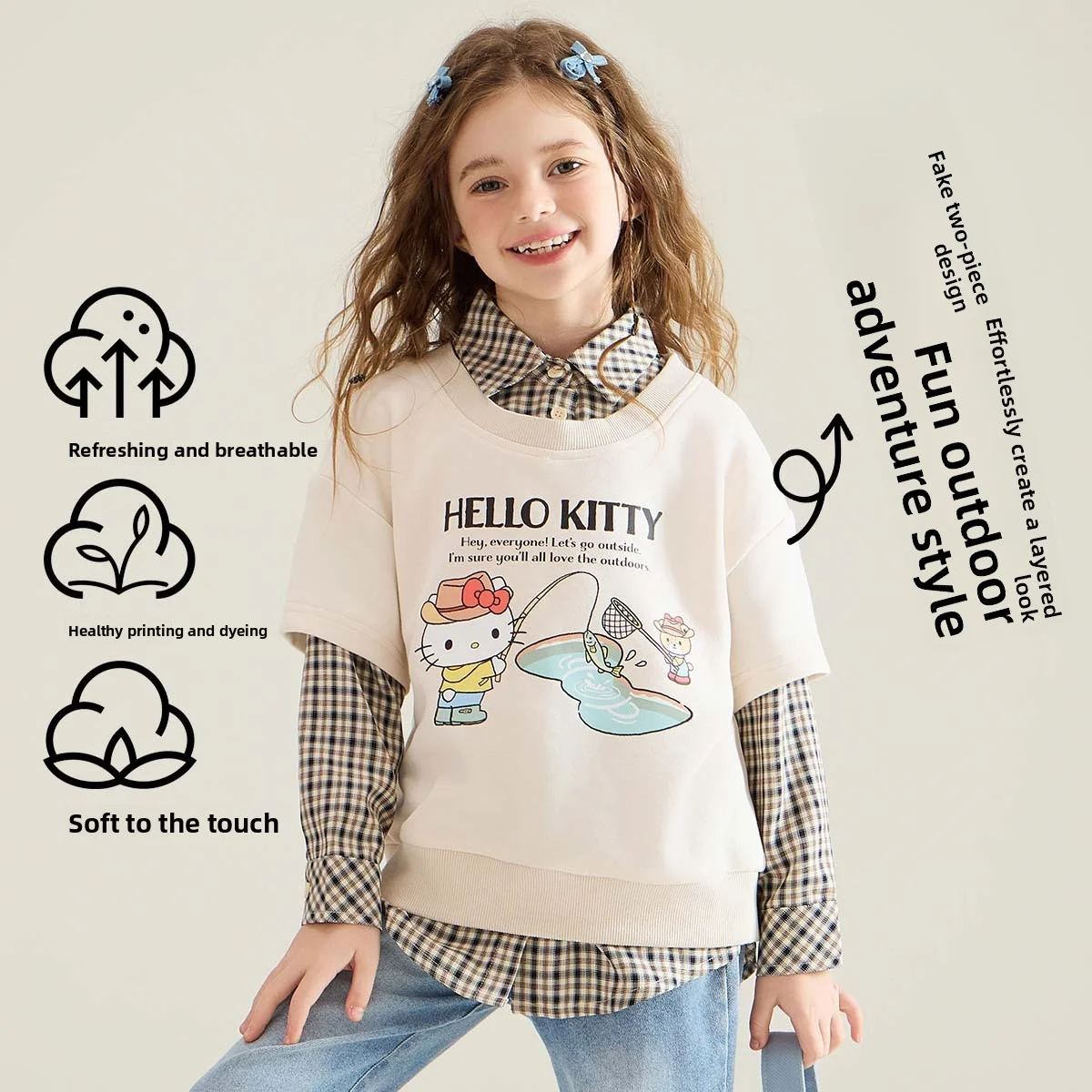 

[Officially Licensed] HelloKitty Girls' New Outdoor Sporty Paneled Faux Two-Piece Sweat shirt