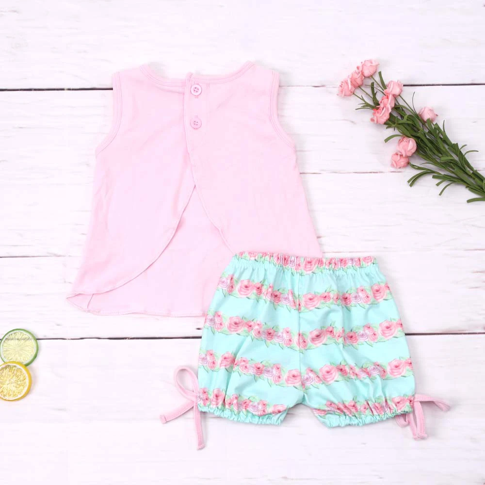 

Baby New Kids Cotton Sleeveless Pink T-shirt Set Round Neck Girl Top Clothes And Green Stripe Shorts Bow Decorate Suit