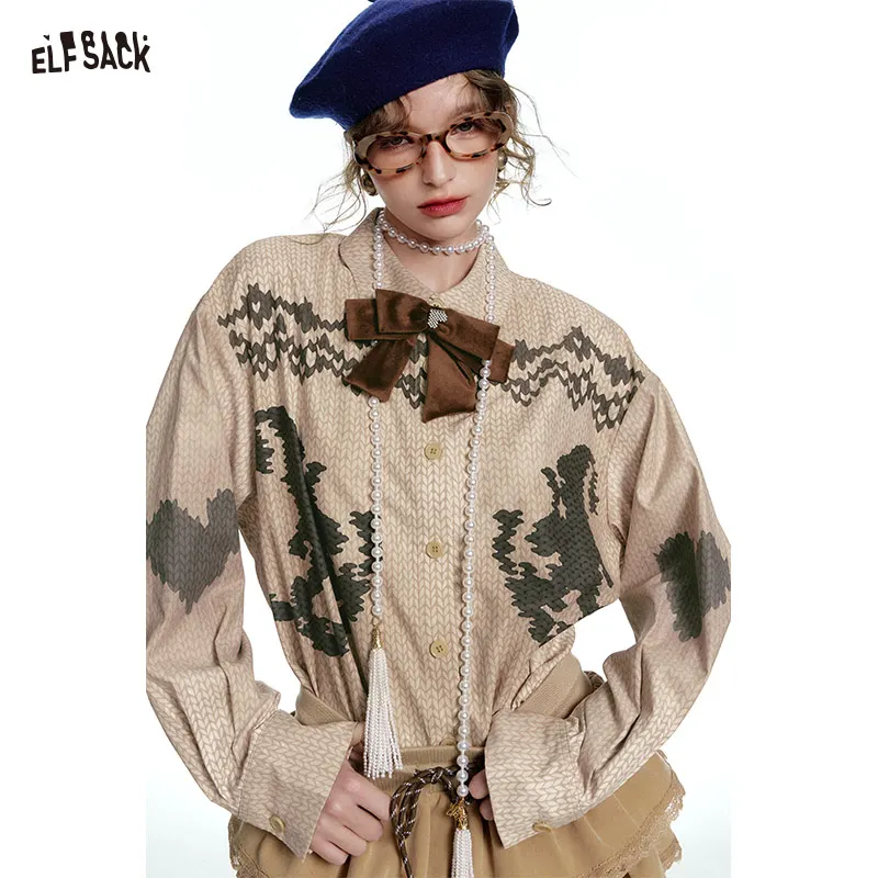 ELFSACK 2024 Winter New Arrivals Retro Preppy Style Detachable Bow Original Printed Shirt for Women