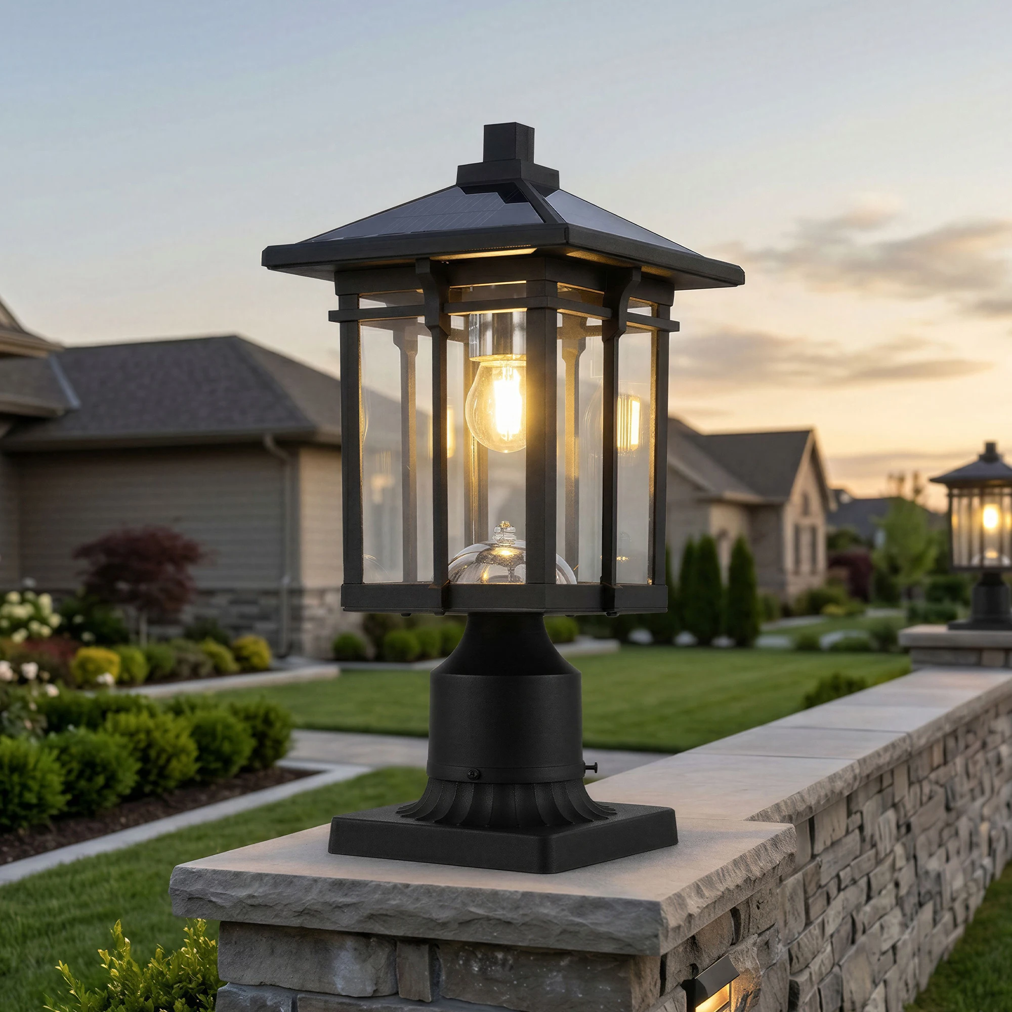 16'' Solar Post LED Light Outdoor Black Dusk to Dawn Lamp with Pier Mount Base