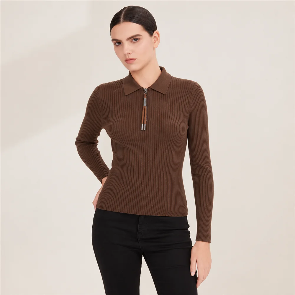 BY4521226 Women's 100% Wool Ribbed Knit Quarter-Zip Polo Pullover Sweater Long Sleeve Fall Fashion