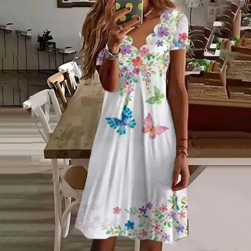 Women Fashion Printed Midi Dress Loose Causal Beach Boho Ruffles Lady Dress Elegant High Street Vintage V-neck Club Party Dress