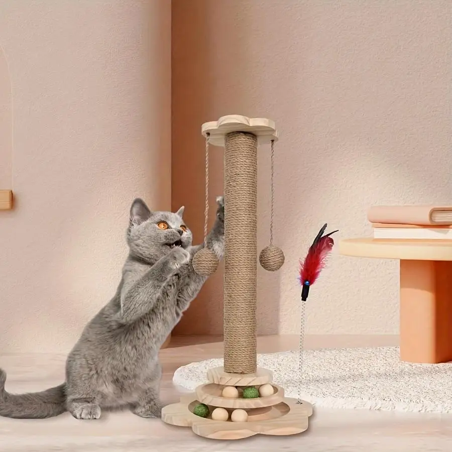 1 Set 46cm Naturholz-Kratzbaum, Sisalseil-Kratzsäule für Katzen mit Hängespielzeug, Langlebiger Kratzpfosten für Hauskatzen zur Krallenpflege, Geschenk für Katzenbesitzer und Tierliebhaber
