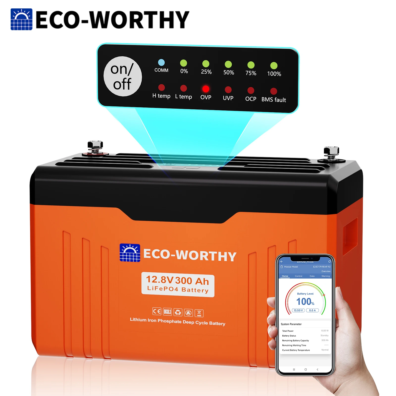 

ECO-WORTHY 12В 300Ач ​ Литий-железо-фосфатный (LiFePO4) аккумулятор с Bluetooth, индикаторами SOC, защитой от низких температур, 3840 Вт·ч, для автономных домов на колесах