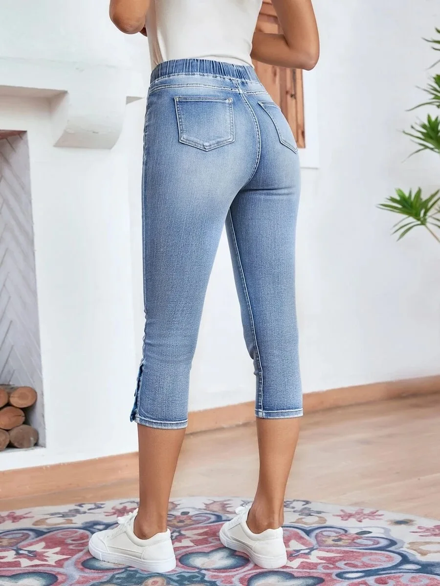 2023 été femmes longueur mollet jean mode Skinny haute commissionnée taille élastique Denim crayon pantalon décontracté Slim Jeans S-2XL