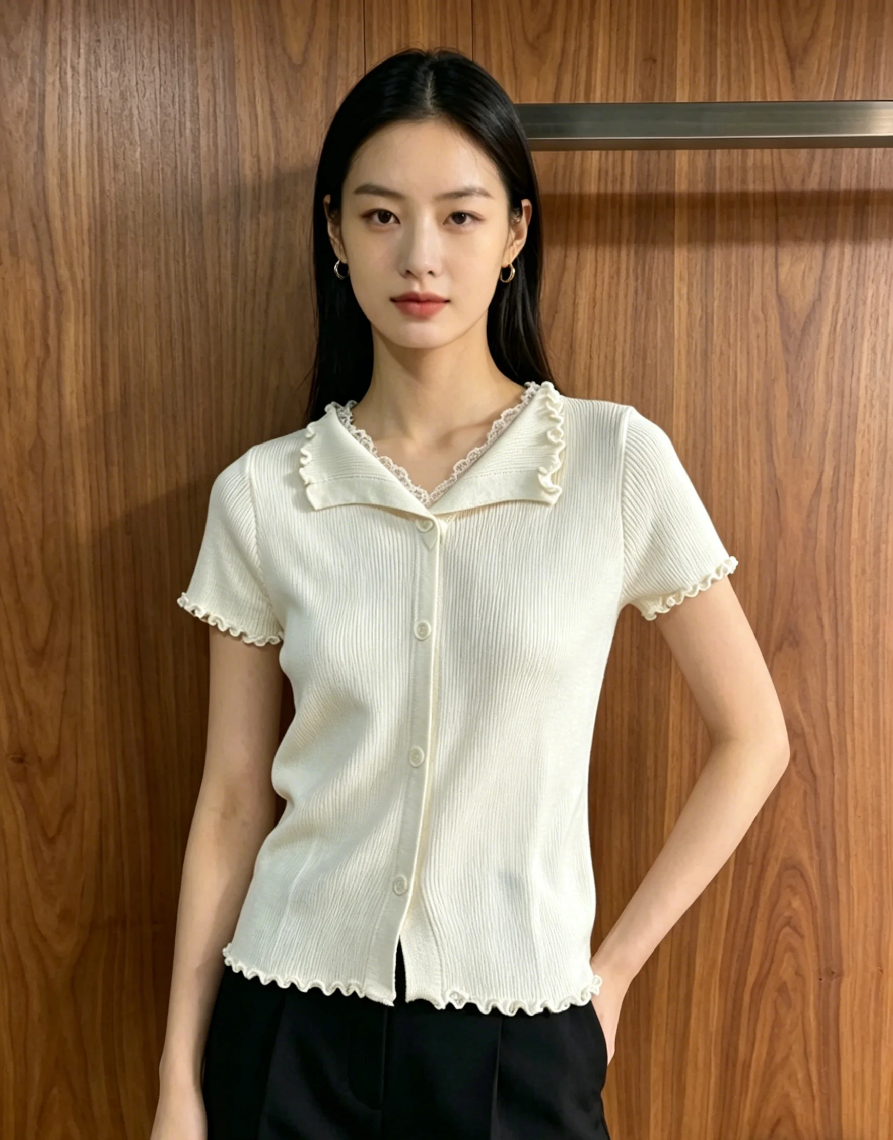 

26SS Spring/Summer Women's Sweet Style Age-Reducing Multi-Functional Earloop Lace Edging Knit Short-Sleeved Cardigan LH019