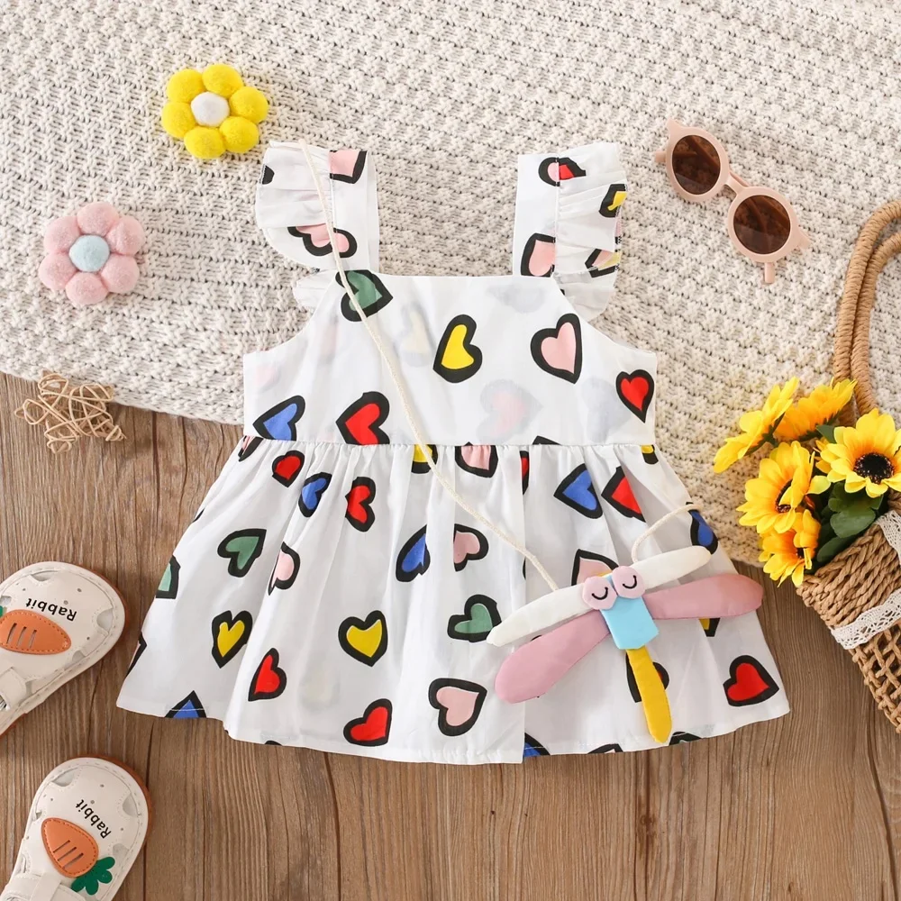 Robe d'été colorée pour bébés filles, tenue mignonne avec sac à bandoulière libellule, pour filles de 0 à 3 ans