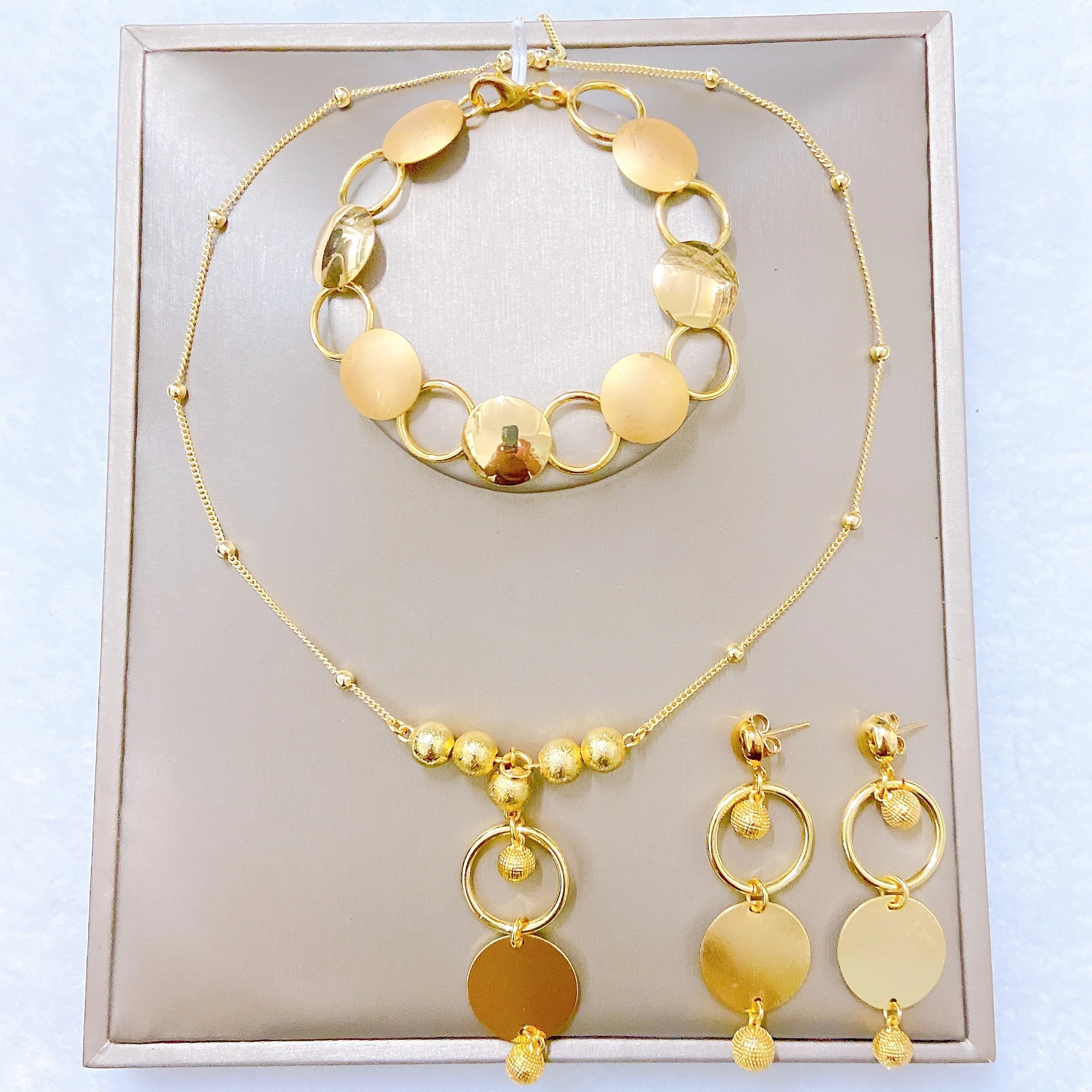 Luxury Frosted Gold Beads Jewelry Sets Geometric Circle Coin Chain Choker Necklace Drop Earrings Bangle Italian Fashion Jewelry
